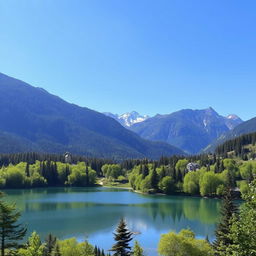 A beautiful landscape featuring a serene lake surrounded by lush green trees and mountains in the background under a clear blue sky