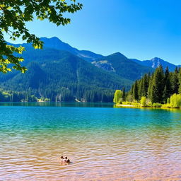 A beautiful landscape featuring a serene lake surrounded by lush green trees and mountains in the background under a clear blue sky