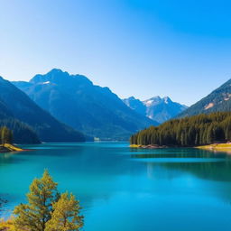 A beautiful landscape featuring a serene lake surrounded by lush green trees and mountains in the background under a clear blue sky