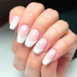 A detailed design of white nails with a French tip and a heart