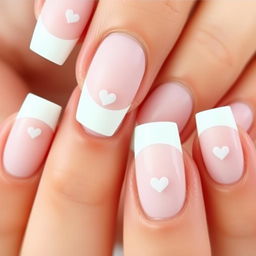 A detailed design of white nails with a French tip and a heart