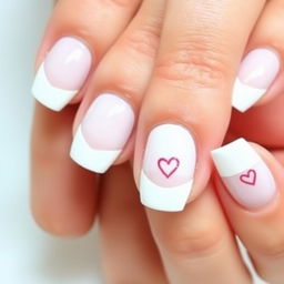 A detailed design of white nails with a French tip and a heart