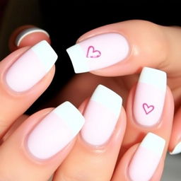 A detailed design of white nails with a French tip and a heart