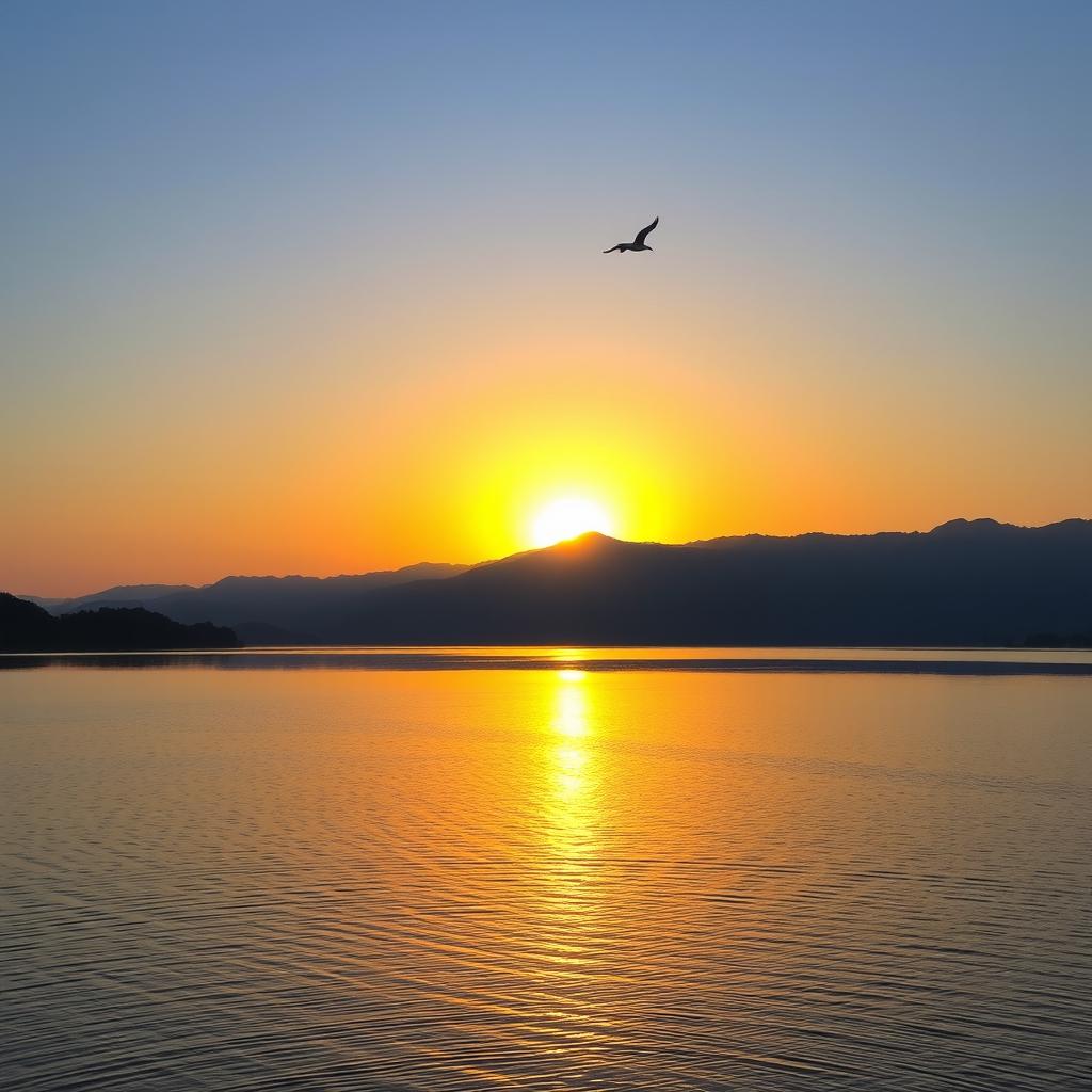 A serene landscape featuring a beautiful sunset over a calm lake, with mountains in the background and a few birds flying in the sky