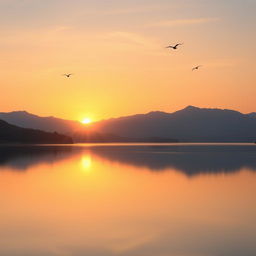 A serene landscape featuring a beautiful sunset over a calm lake, with mountains in the background and a few birds flying in the sky