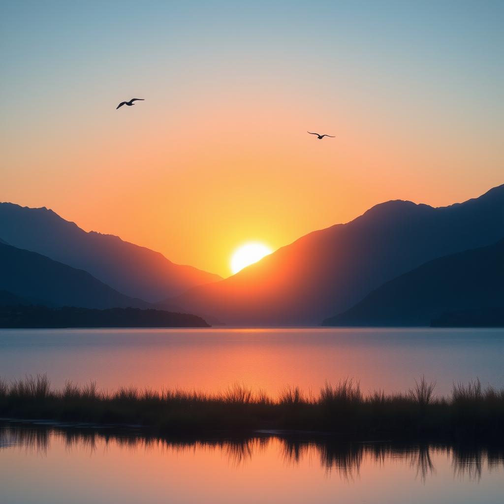 A serene landscape featuring a beautiful sunset over a calm lake, with mountains in the background and a few birds flying in the sky