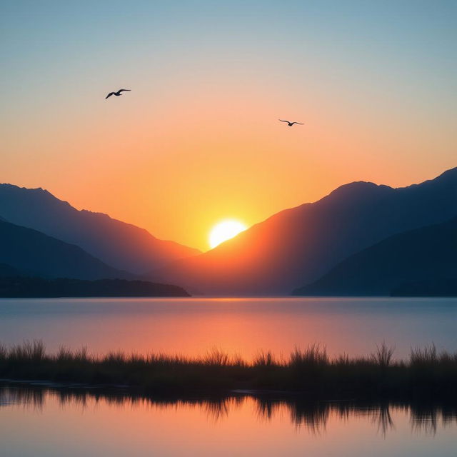 A serene landscape featuring a beautiful sunset over a calm lake, with mountains in the background and a few birds flying in the sky