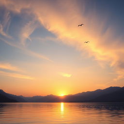 A serene landscape featuring a beautiful sunset over a calm lake, with mountains in the background and a few birds flying in the sky