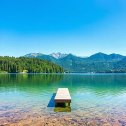 Create an image with a beautiful landscape featuring a serene lake surrounded by lush green trees and mountains in the background under a clear blue sky