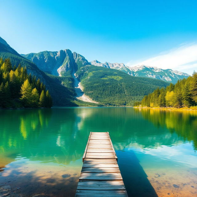 Create an image with a beautiful landscape featuring a serene lake surrounded by lush green trees and mountains in the background under a clear blue sky