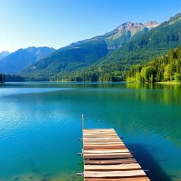 Create an image with a beautiful landscape featuring a serene lake surrounded by lush green trees and mountains in the background under a clear blue sky