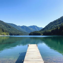 Create an image with a beautiful landscape featuring a serene lake surrounded by lush green trees and mountains in the background under a clear blue sky