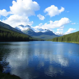 A beautiful landscape featuring a serene lake surrounded by lush green forests and snow-capped mountains in the background under a clear blue sky with fluffy white clouds