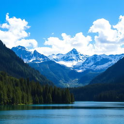 A beautiful landscape featuring a serene lake surrounded by lush green forests and snow-capped mountains in the background under a clear blue sky with fluffy white clouds