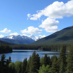 A beautiful landscape featuring a serene lake surrounded by lush green forests and snow-capped mountains in the background under a clear blue sky with fluffy white clouds