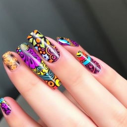 A vibrant and stylish nail design featuring intricate patterns and bright colors