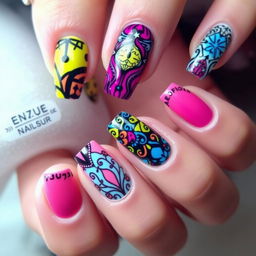 A vibrant and stylish nail design featuring intricate patterns and bright colors