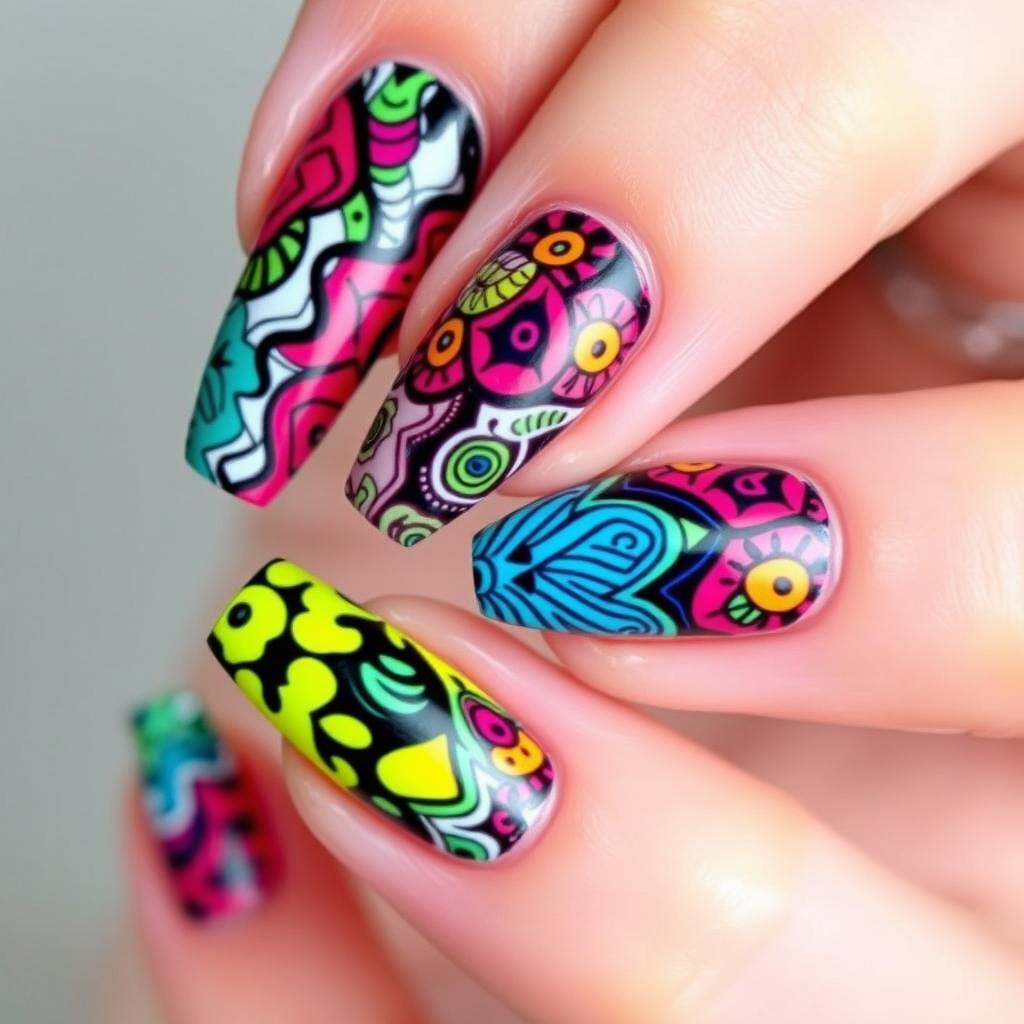 A vibrant and stylish nail design featuring intricate patterns and bright colors