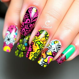 A vibrant and stylish nail design featuring intricate patterns and bright colors