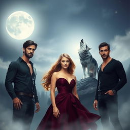 An attractive woman with flowing hair and an elegant gown stands with two attractive, tall men with chiseled features on either side of her