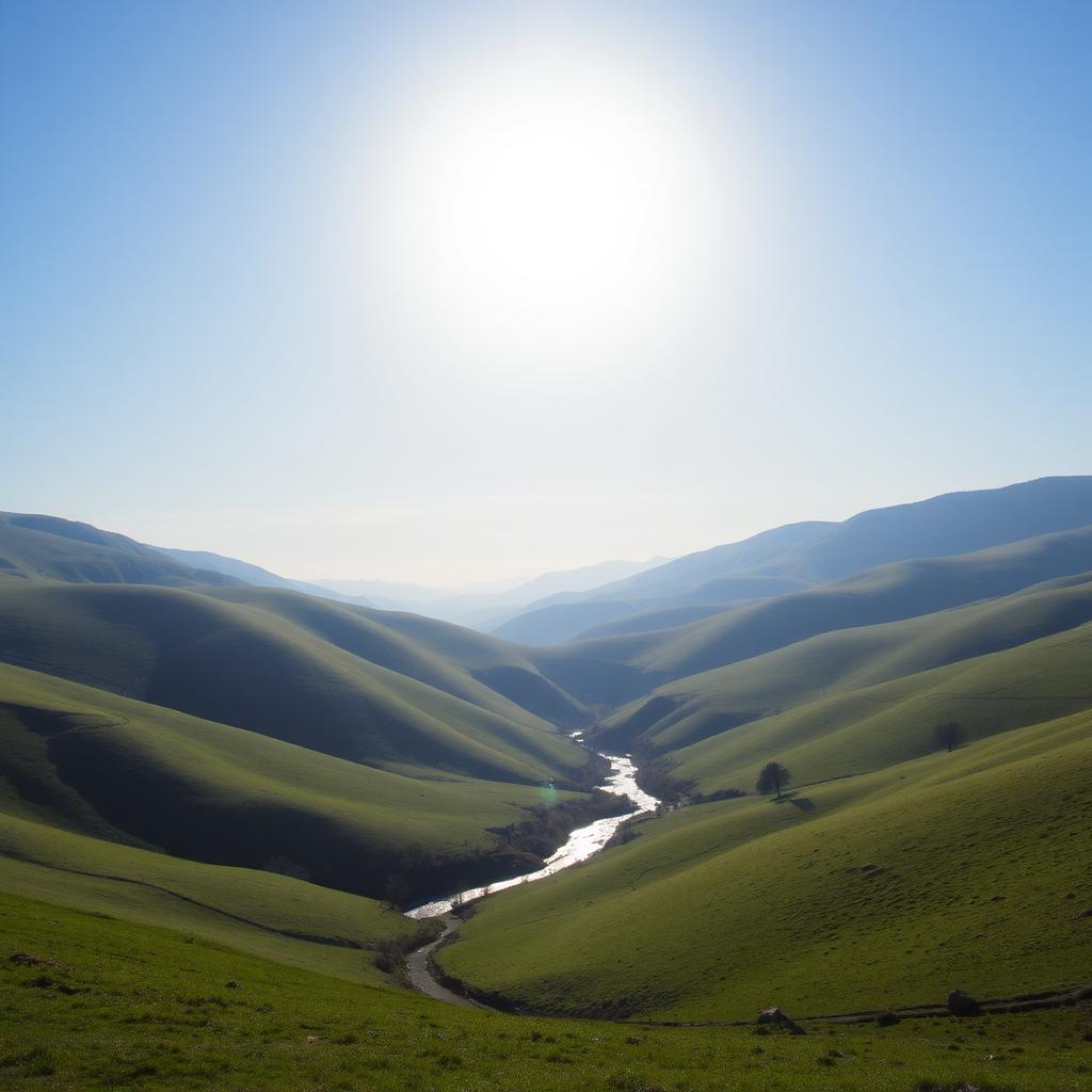 A serene landscape with rolling green hills, a clear blue sky, and a bright sun