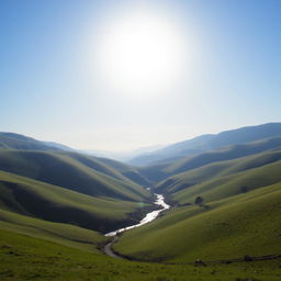 A serene landscape with rolling green hills, a clear blue sky, and a bright sun