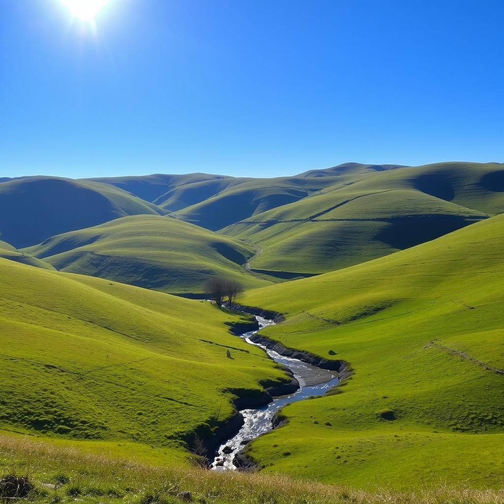 A serene landscape with rolling green hills, a clear blue sky, and a bright sun