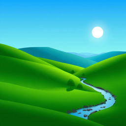 A serene landscape with rolling green hills, a clear blue sky, and a bright sun