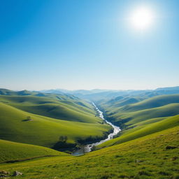 A serene landscape with rolling green hills, a clear blue sky, and a bright sun