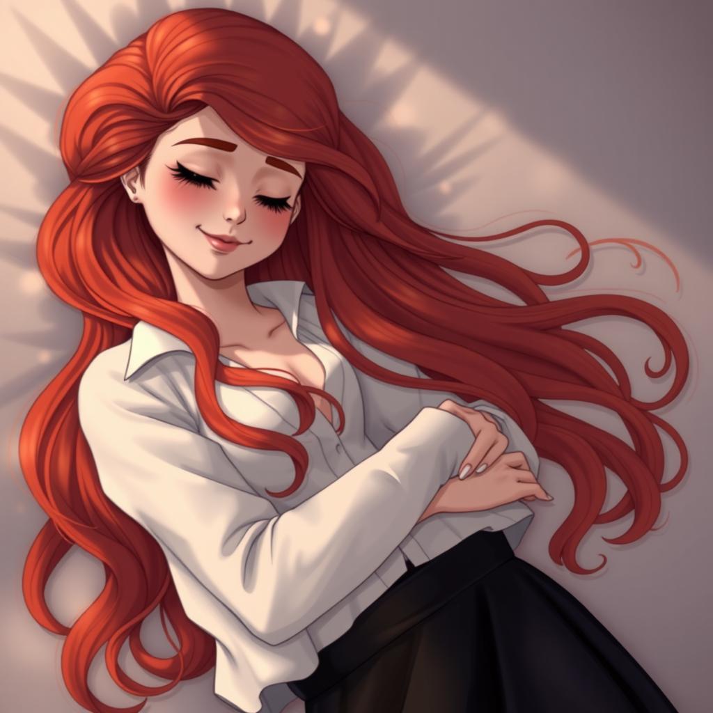 Ally Alessia Moretti, a mermaid, a radiant woman with long auburn hair, is sleeping
