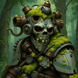 A detailed illustration of a warforged artificer, slightly aged and covered in moss