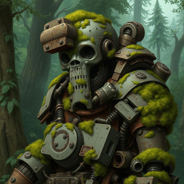 A detailed illustration of a warforged artificer, slightly aged and covered in moss