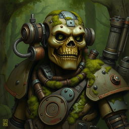 A detailed illustration of a warforged artificer, slightly aged and covered in moss