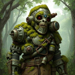 A detailed illustration of a warforged artificer, slightly aged and covered in moss