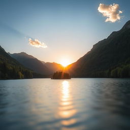 A beautiful landscape featuring a serene lake surrounded by lush green trees and mountains in the background