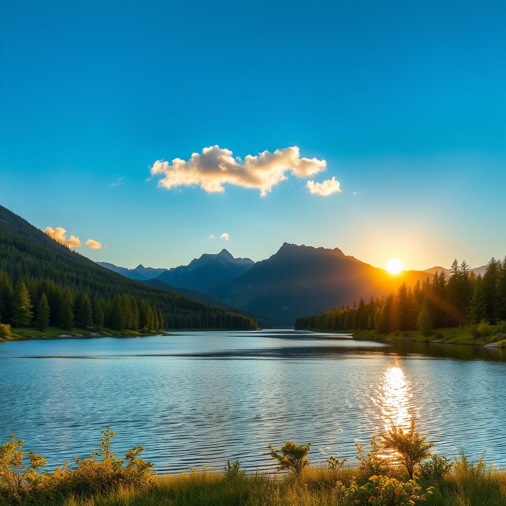 A beautiful landscape featuring a serene lake surrounded by lush green trees and mountains in the background