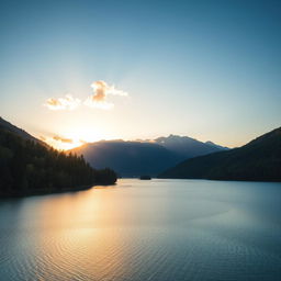 A beautiful landscape featuring a serene lake surrounded by lush green trees and mountains in the background