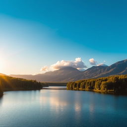 A beautiful landscape featuring a serene lake surrounded by lush green trees and mountains in the background