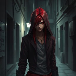 A red-haired, red-eyed assassin standing in a dimly lit street alley