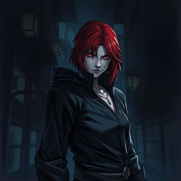 A red-haired, red-eyed assassin standing in a dimly lit street alley