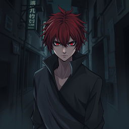 A red-haired, red-eyed assassin standing in a dimly lit street alley