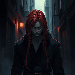 A red-haired, red-eyed assassin standing in a dimly lit street alley