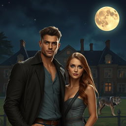 A beautiful woman standing next to a tall and handsome man with chiseled features in front of a grand mansion