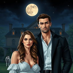 A beautiful woman standing next to a tall and handsome man with chiseled features in front of a grand mansion