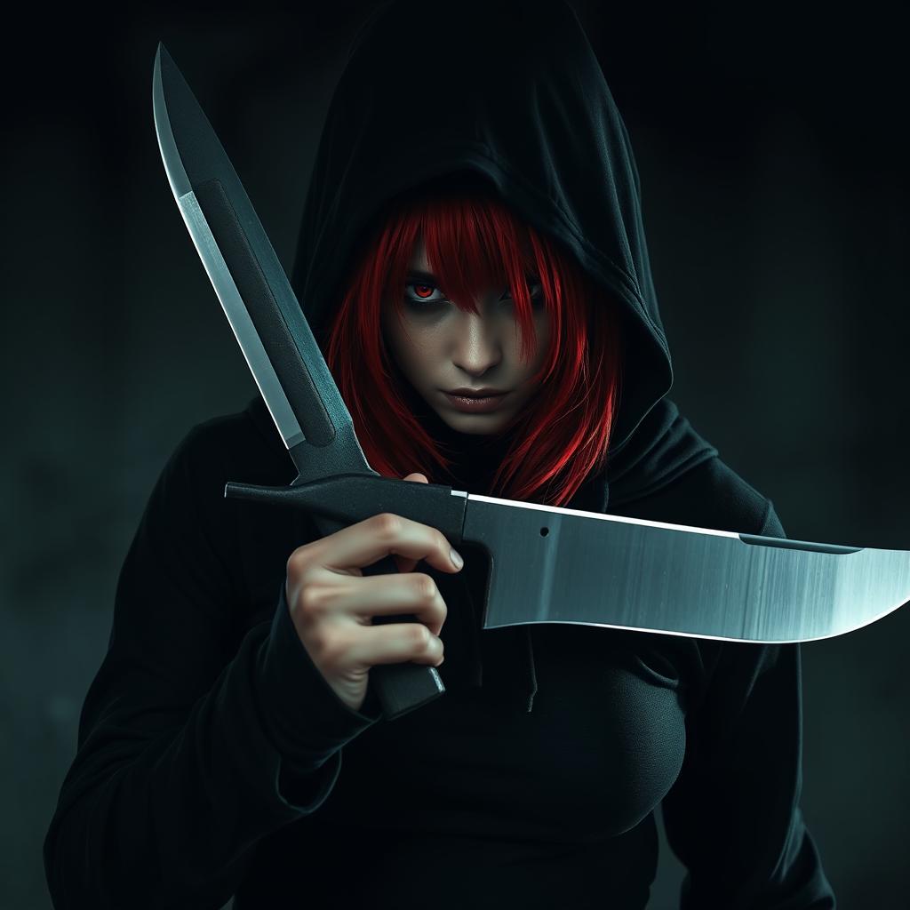 A red-haired, red-eyed assassin wearing black clothing and a hood, holding a machete in her hand