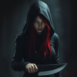 A red-haired, red-eyed assassin wearing black clothing and a hood, holding a machete in her hand