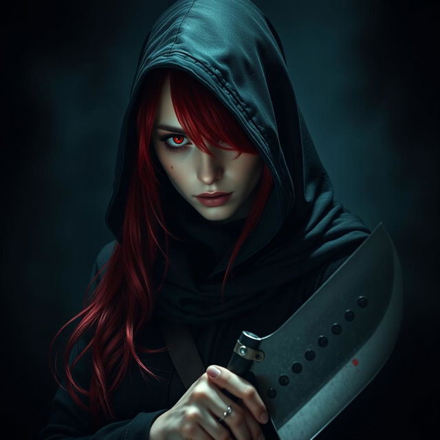 A red-haired, red-eyed assassin wearing black clothing and a hood, holding a machete in her hand