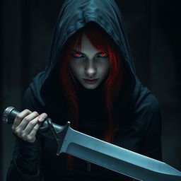 A red-haired, red-eyed assassin wearing black clothing and a hood, holding a machete in her hand