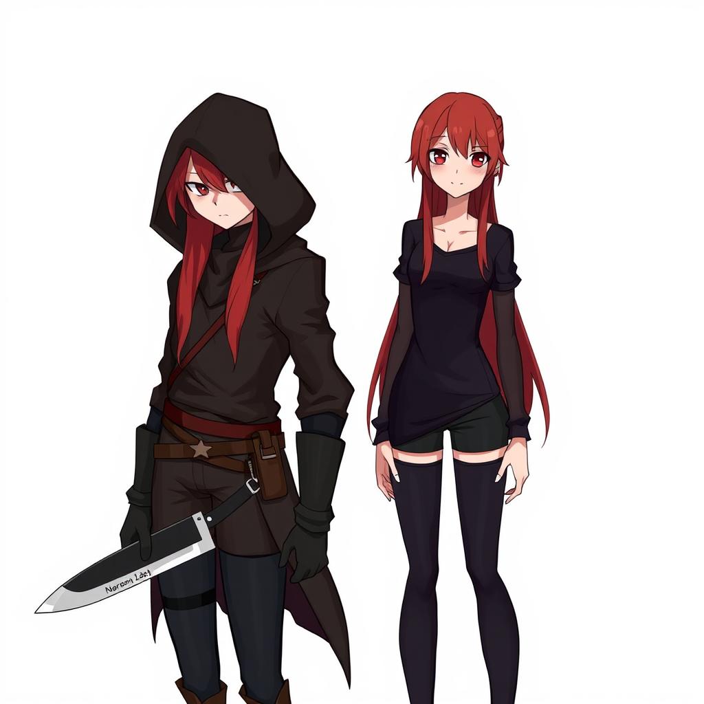 A red-haired, red-eyed assassin wearing black clothing and a hood, holding a machete in her hand, standing next to her normal version