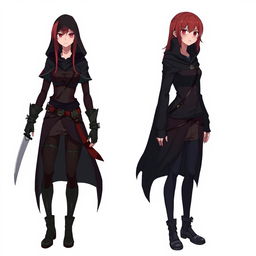 A red-haired, red-eyed assassin wearing black clothing and a hood, holding a machete in her hand, standing next to her normal version